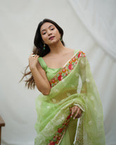 Ethereal Lime Green thread Worked pure organza saree